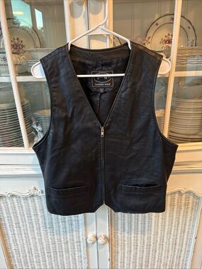 Tannery West Brown Leather Black Zipper Biker Vest Leather Mens Sz M